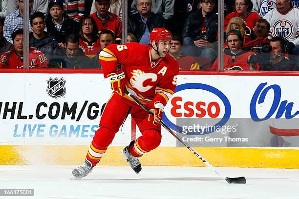 Mark Giordano of the Calgary Flames skates against the Edmonton Oilers on April 3, 2013 at the Scotiabank Saddledome in Calgary, Alberta, Canada. The...