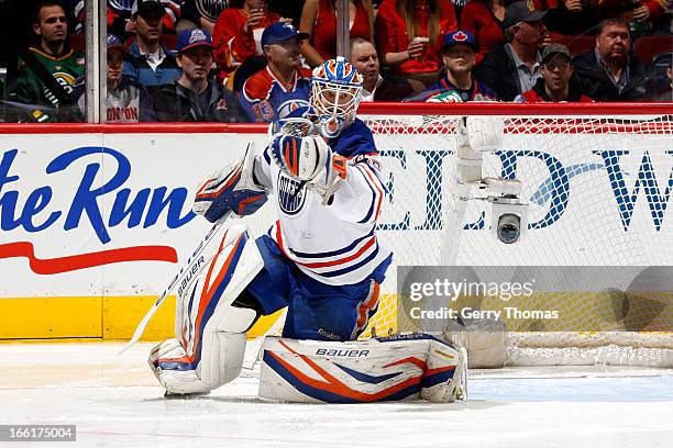 Devan Dubnyk of the Edmonton Oilers skates against the Calgary Flames on April 3, 2013 at the Scotiabank Saddledome in Calgary, Alberta, Canada. The...