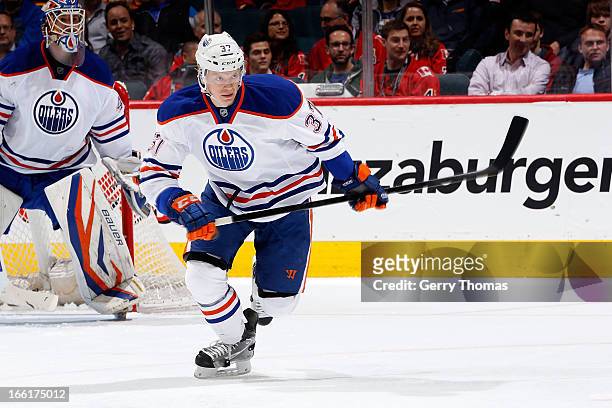 Lennart Petrell of the Edmonton Oilers skates against the Calgary Flames on April 3, 2013 at the Scotiabank Saddledome in Calgary, Alberta, Canada....