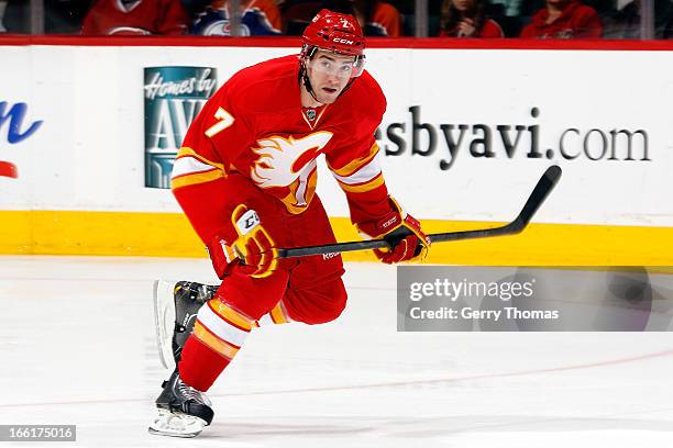 Brodie of the Calgary Flames skates against the Edmonton Oilers on April 3, 2013 at the Scotiabank Saddledome in Calgary, Alberta, Canada. The Oilers...