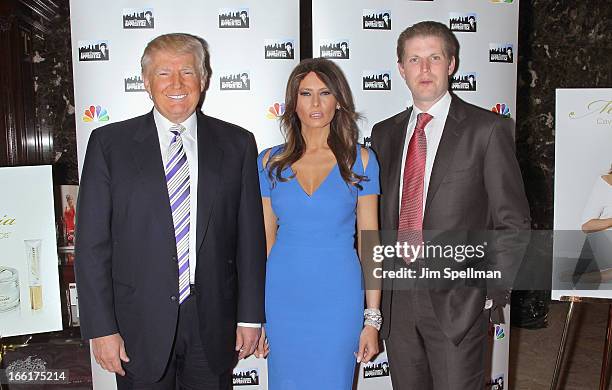 Donald Trump, model Melania Trump and Eric Trump attend the "Celebrity Apprentice All-Star" event at Trump Tower on April 9, 2013 in New York City.