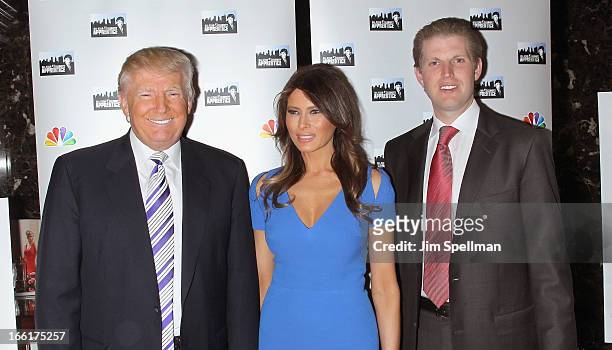 Donald Trump, model Melania Trump and Eric Trump attend the "Celebrity Apprentice All-Star" event at Trump Tower on April 9, 2013 in New York City.