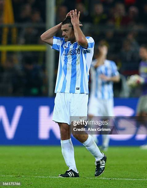 Jeremy Toulalan of Malaga reacts during the UEFA Champions League quarter-final second leg match between Borussia Dortmund and Malaga at Signal Iduna...