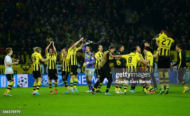 Borussia Dortmund players celebrate victory during the UEFA Champions League quarter-final second leg match between Borussia Dortmund and Malaga at...