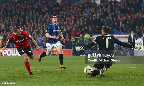 Heidar Helguson of Cardiff City has his shot blocked by goalkeeper Luke Steele of Barnsley during the npower Championship match between Cardiff City...