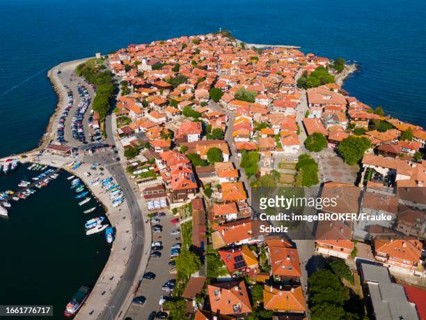 aerial view, old town, black sea, nesebar, nessebar, burgas, bulgaria - burgas bulgaria stock pictures, royalty-free photos & images