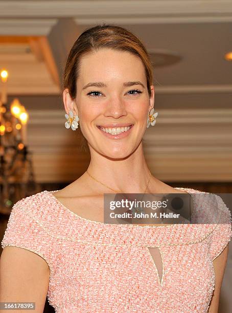 Model Stacy Lobb seen wearing an Oscar de la Renta dress at the 25th annual Colleagues Luncheon at the Beverly Wilshire Hotel on April 9, 2013 in...