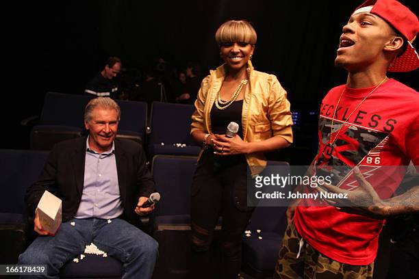 Actor Harrison Ford visits BET's 106 & Park with hosts Ms. Mykie and Bow Wow at BET Studios on April 8, 2013 in New York City.