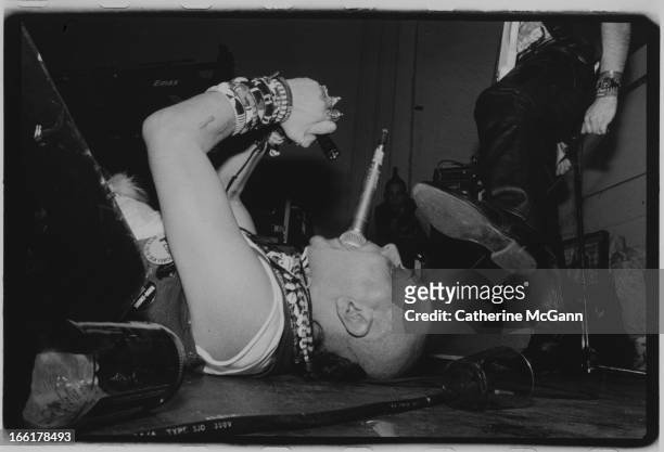 Genesis P-Orridge performs live with Psychic TV at The World on OCTOBER 31, 1988 in New York City, New York.