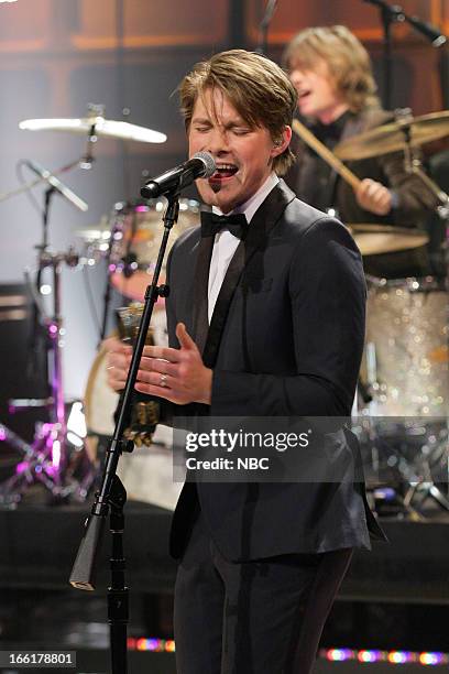 Episode 4441 -- Pictured: Taylor Hanson of musical guest Hanson performs on April 9, 2013 --