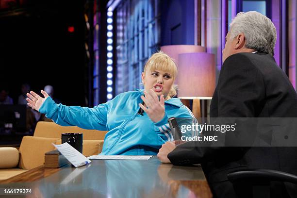 Episode 4441 -- Pictured: Actress Rebel Wilson talks with host Jay Leno during a commercial break on April 9, 2013 --