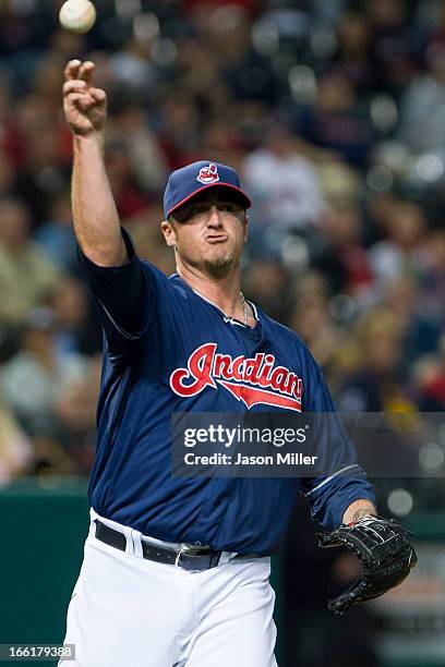 Relief pitcher Brett Myers of the Cleveland Indians throws out Lyle Overbay of the New York Yankees during the fifth inning at Progressive Field on...