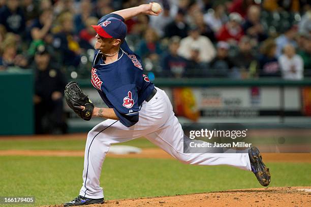 Relief pitcher Brett Myers of the Cleveland Indians pitches during the fifth inning against the New York Yankees at Progressive Field on April 9,...