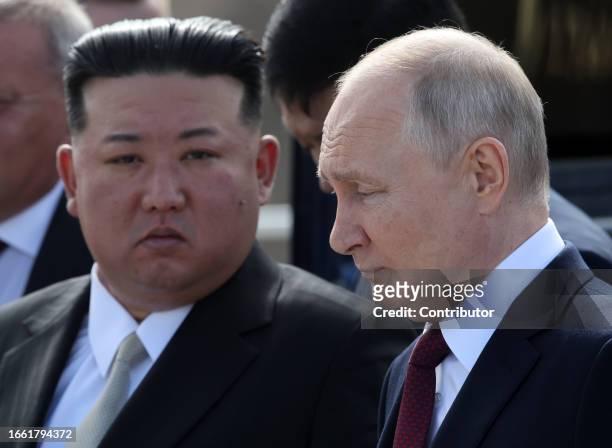 Russian President Vladimir Putin and North Korean leader Kim Jong-un visit a construction site of the Angara rocket launch complex on September 13,...