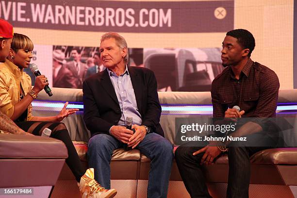 Actors Harrison Ford and Chad Boseman visit BET's 106 & Park with host Ms. Mykie at BET Studios on April 8 in New York City.