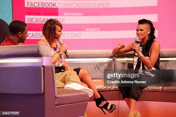 Cassie visits BET's 106 & Park with hosts Shorty Da Prince and Paigion at BET Studios on April 8 in New York City.