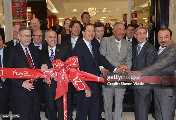 Sheldon Silver, Tom Dinapoli, Kenneth Adams, Raymond Gindi and Eddie Gindi attend Century 21 Department Store Expansion Ribbing Cutting Ceremony at...