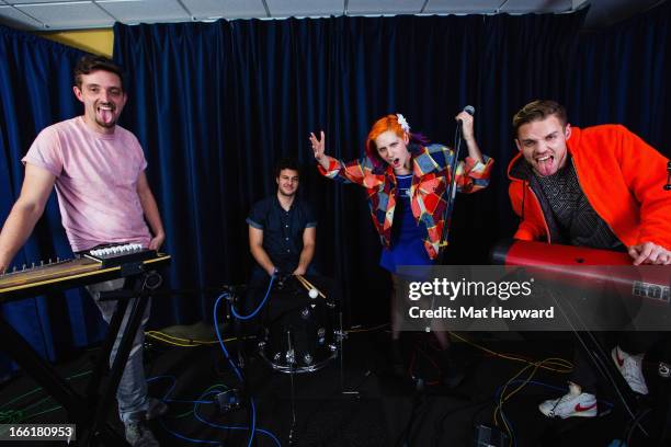 Curtis Nystrom; Zach Nicita; Lizzy Plapinger and Max Hershenow of MS MR pose for a photo in studio at 107.7 The End on April 9, 2013 in Seattle,...