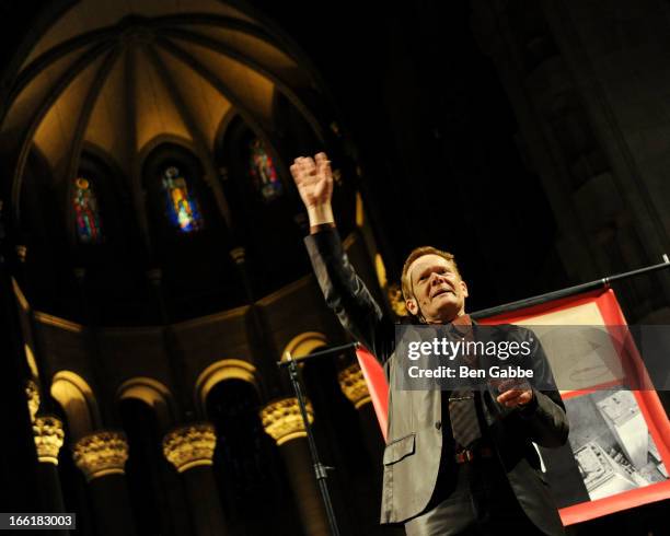 High-wire artist/author Philippe Petit attends Philippe Petit's "Why Knot?" Book Launch Party at Cathedral of St. John the Divine on April 9, 2013 in...