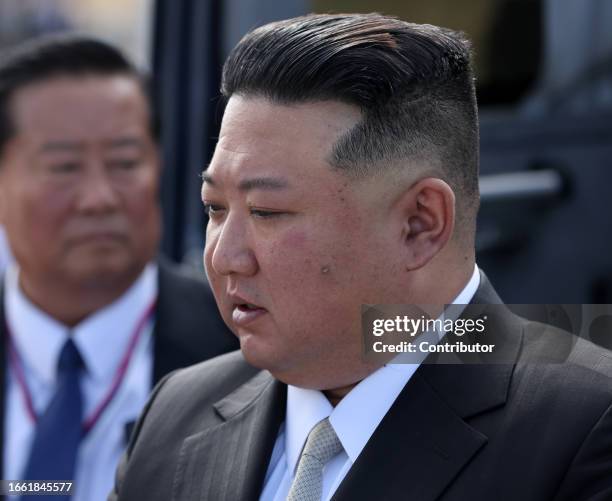 North Korean leader Kim Jong-un visits a construction site of the Angara rocket launch complex with Russian President Vladimir Putin on September 13,...
