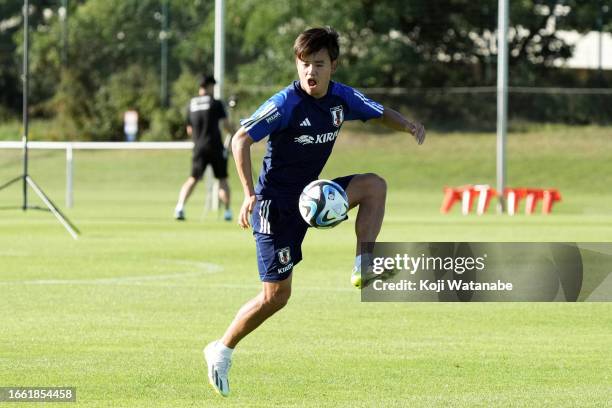 Takefusa Kubo of Japan in action during the Japan training session on September 05, 2023 in Wolfsburg, Germany.