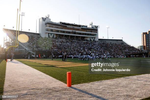 Alabama A&M Bulldogs kick a field goal during the first half of the game against the Vanderbilt Commodores at FirstBank Stadium on September 02, 2023...