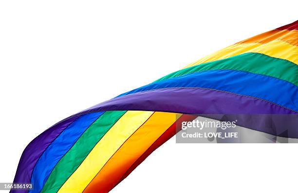 a waving rainbow flag showing support for the lgbt community - pride parade stock pictures, royalty-free photos & images