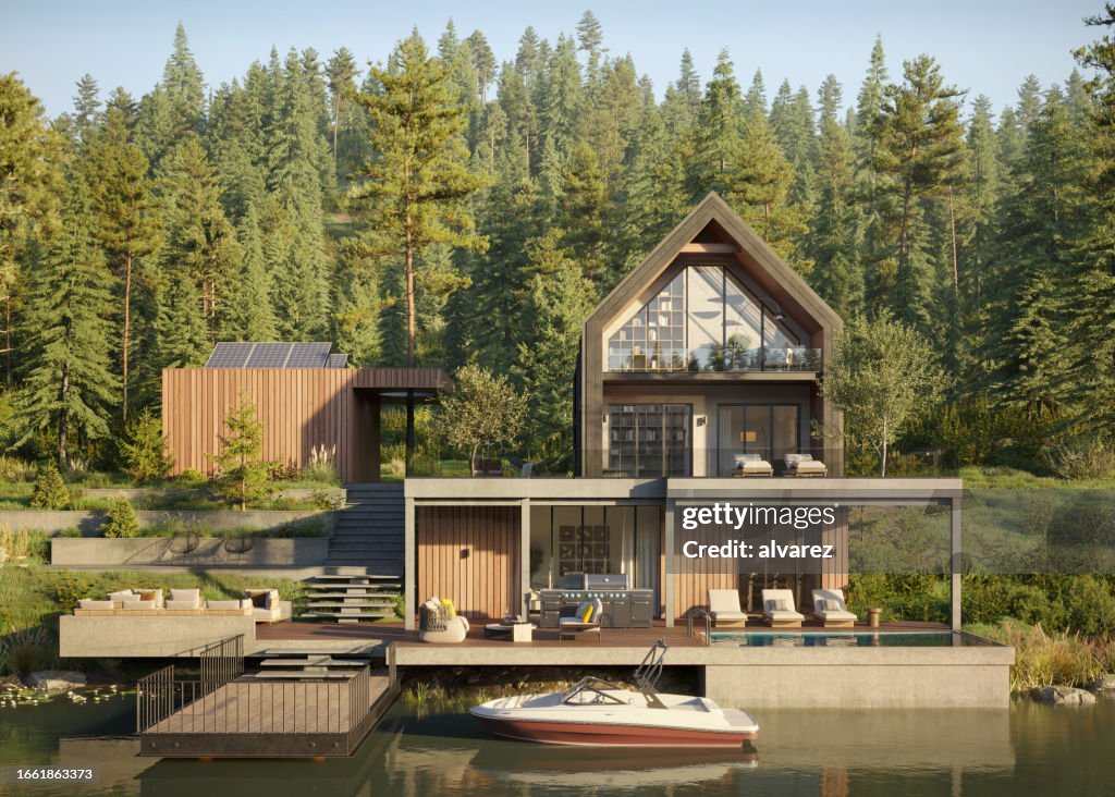 3D-Rendering eines Waldhauses im luxuriösen Stil am Rande eines Sees