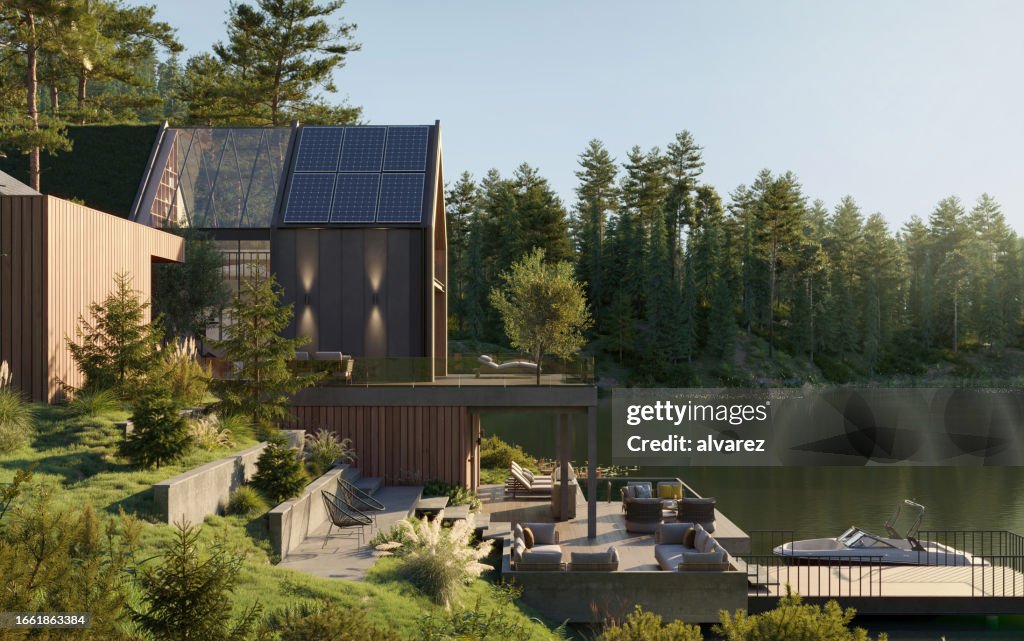 3d rendering of a forest house along the lake and surrounded by trees on a summer day