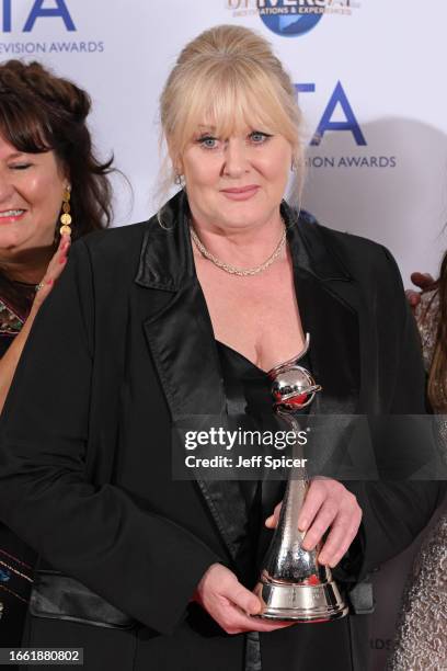 Sarah Lancashire with the award for Returning Drama for "Happy Valley" in the National Television Awards 2023 Winners Room at The O2 Arena on...