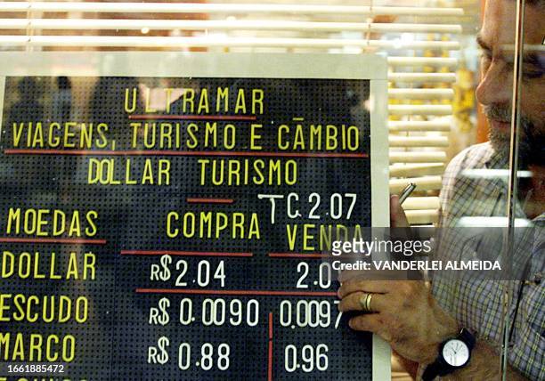 An employee of a currency exchange company updates the quotation of the North American dollar against the Brazilian currency 22 February 2001, in Rio...