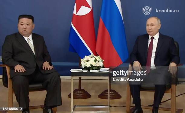Screen grab captured from the video shared by the Kremlin Press Office shows North Korean leader Kim Jong Un meets with Russian President Vladimir...