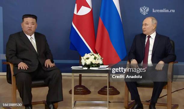 Screen grab captured from the video shared by the Kremlin Press Office shows North Korean leader Kim Jong Un meets with Russian President Vladimir...