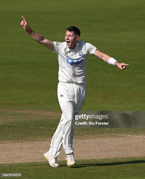 Durham bowler Matthew Potts celebrates after taking the wicket of Tom Clark during Day three of the LV= Insurance County Championship Division 2...