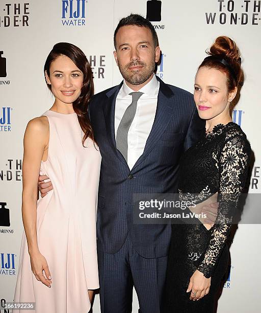 Actress Olga Kurylenko, actor Ben Affleck and actress Rachel McAdams attend the premiere of "To The Wonder" at Pacific Design Center on April 9, 2013...