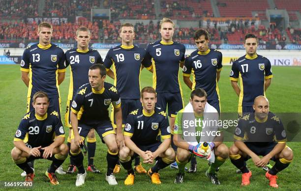 Central Coast Mariners players line up prior to the AFC Champions League match between Guizhou Renhe and Central Coast Mariners at Olympic Sports...