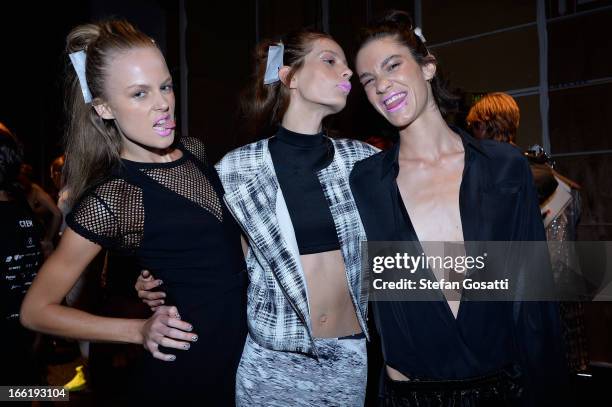 Models prepare backstage ahead of the Watson X Watson show during Mercedes-Benz Fashion Week Australia Spring/Summer 2013/14 at Carriageworks on...