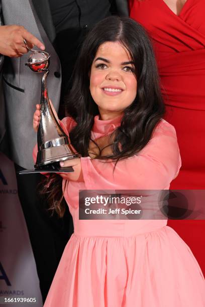 Meryl Williams poses with the award for Reality Competition for "The Traitors" in the National Television Awards 2023 Winners Room at The O2 Arena on...