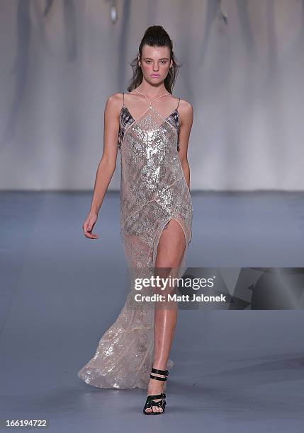 Model showcases designs by Watson X Watson on the runway at the Watson X Watson show during Mercedes-Benz Fashion Week Australia Spring/Summer...