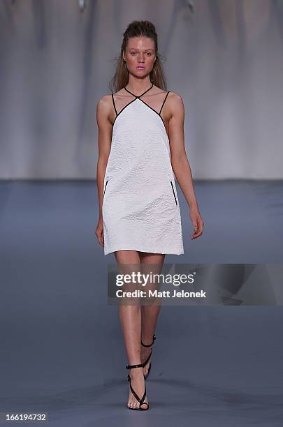 Model showcases designs by Watson X Watson on the runway at the Watson X Watson show during Mercedes-Benz Fashion Week Australia Spring/Summer...