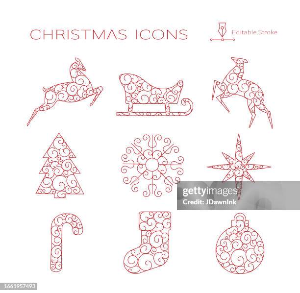 christmas stylized line icon set with swirls and embellishments, deer, sleigh, tree, snowflake, star, candy cane, christmas stocking, ornament - line embellishment stock illustrations