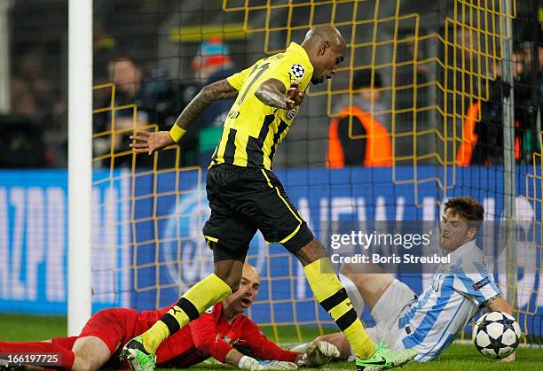 Felipe Santana of Borussia Dortmund scores their third and winning goal during the UEFA Champions League quarter-final second leg match between...