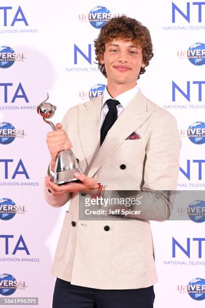 Bobby Brazier, winner of the Rising Star award, poses in the National Television Awards 2023 Winners Room at The O2 Arena on September 05, 2023 in...
