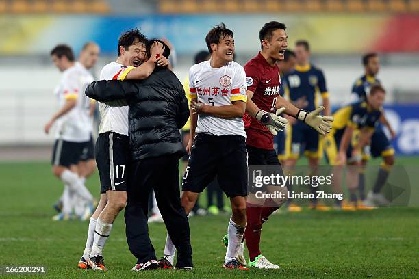 Team of Guizhou Renhe celebrates scoring their second goal during the AFC Champions League match between Guizhou Renhe and Central Coast Mariners at...