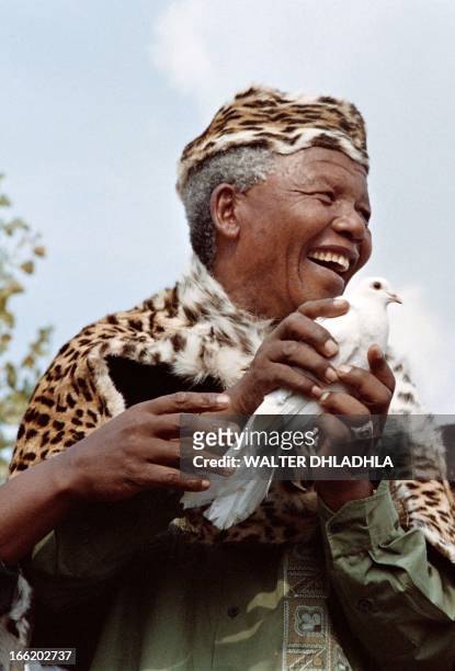 African National Congress President Nelson Mandela, wearing leopard skin traditional clothes, releases a white dove for peace at a rally to...