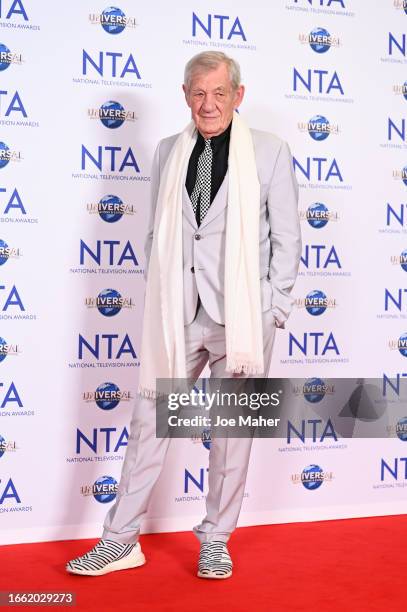 Sir Ian McKellen poses in the press room at the National Television Awards 2023 at The O2 Arena on September 5, 2023 in London, England.