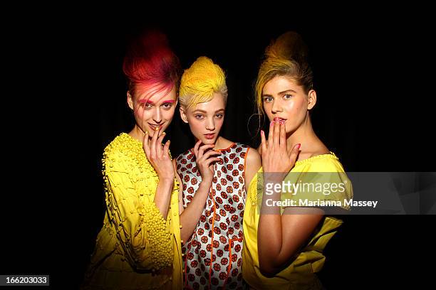Models pose backstage ahead of the Mercedes-Benz Presents - Easton Pearson show during Mercedes-Benz Fashion Week Australia Spring/Summer 2013/14 at...
