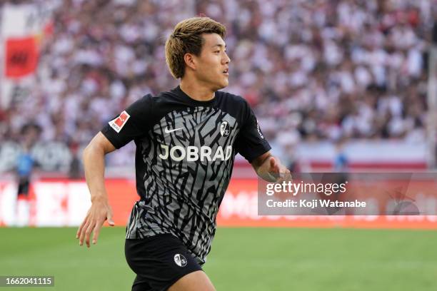 Ritsu Doan of Sport-Club Freiburg looks on during the Bundesliga match between VfB Stuttgart and Sport-Club Freiburg at MHPArena on September 02,...