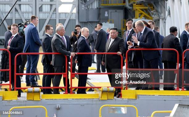 Russian President Vladimir Putin and North Korean leader Kim Jong-Un inspect the Russian spaceport Vostochny Cosmodrome in Russia's Amur region in...