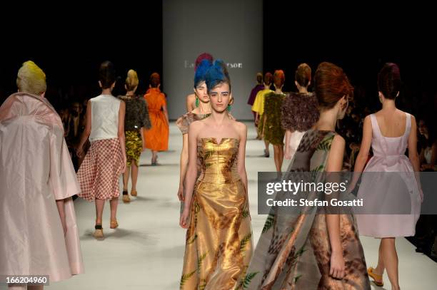 Models showcase designs on the runway at the Mercedes-Benz Presentes - Easton Pearson show during Mercedes-Benz Fashion Week Australia Spring/Summer...